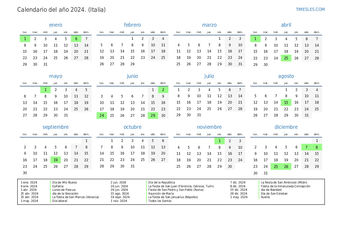 Calendario 2024 con días festivos en Italia Imprimir y descargar