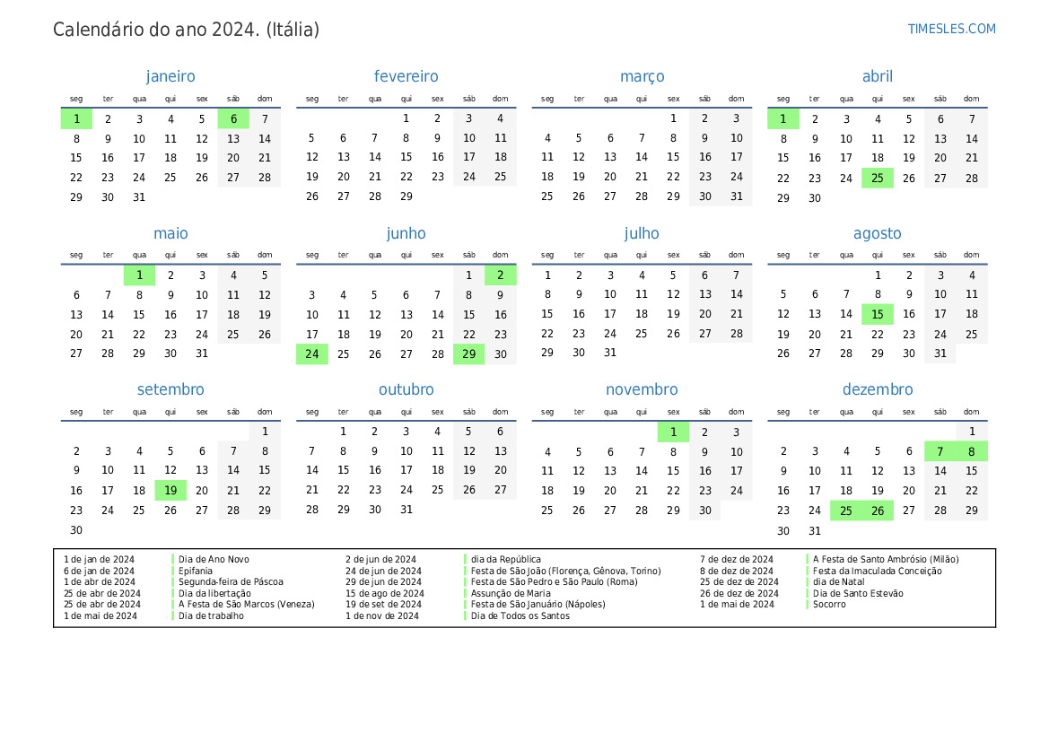 Calendário 2024 com feriados Na Itália Imprimir e baixar calendário