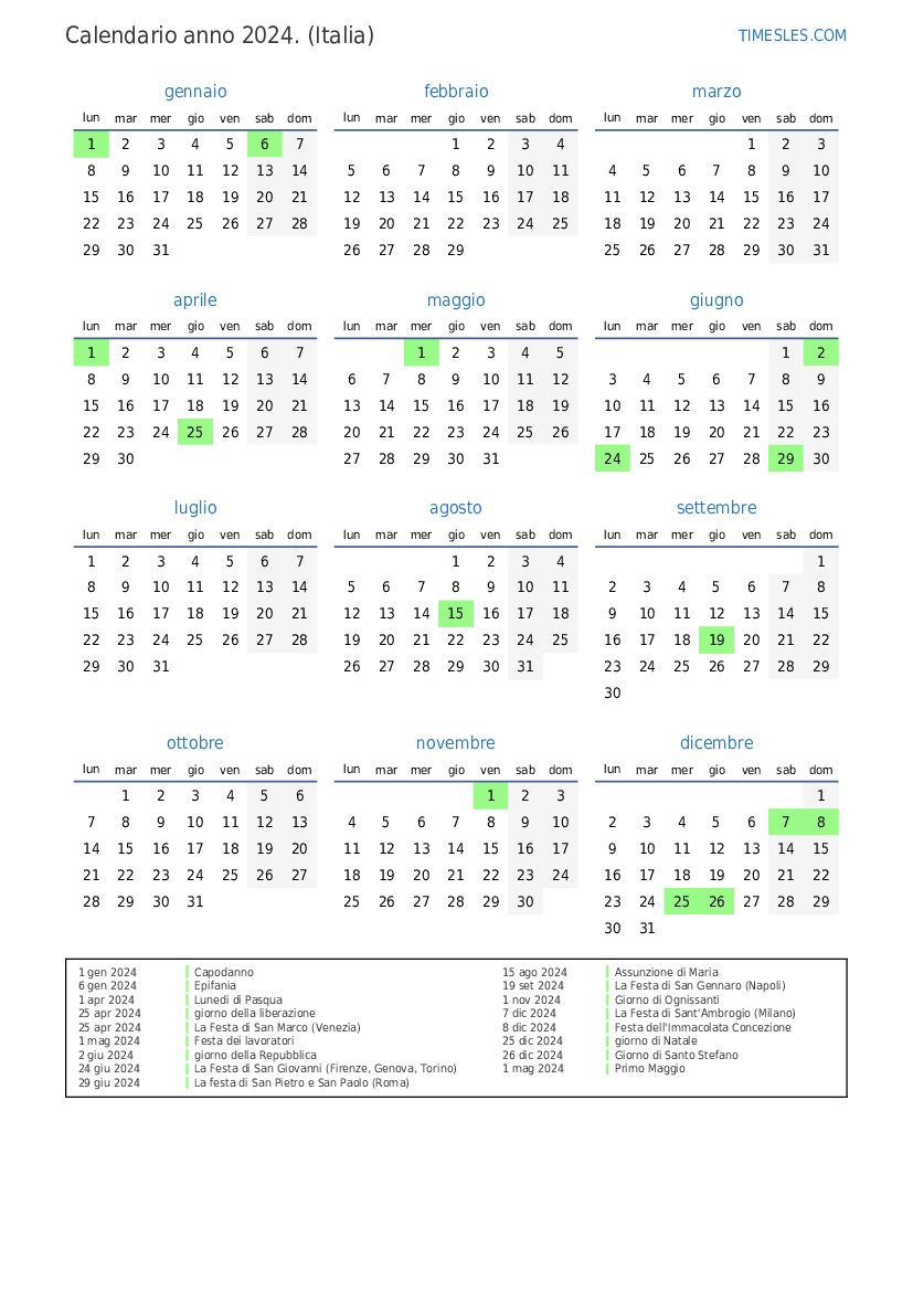 Calendario Per Il 2024 Con Giorni Festivi In Italia Stampa E Scarica Il Calendario 9611