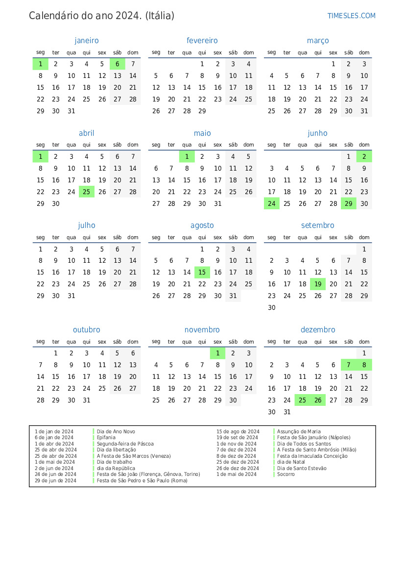 Calendário 2024 com feriados Na Itália Imprimir e baixar calendário