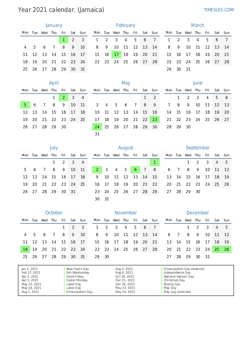 Calendar for 2021 with holidays in Jamaica | Print and download calendar