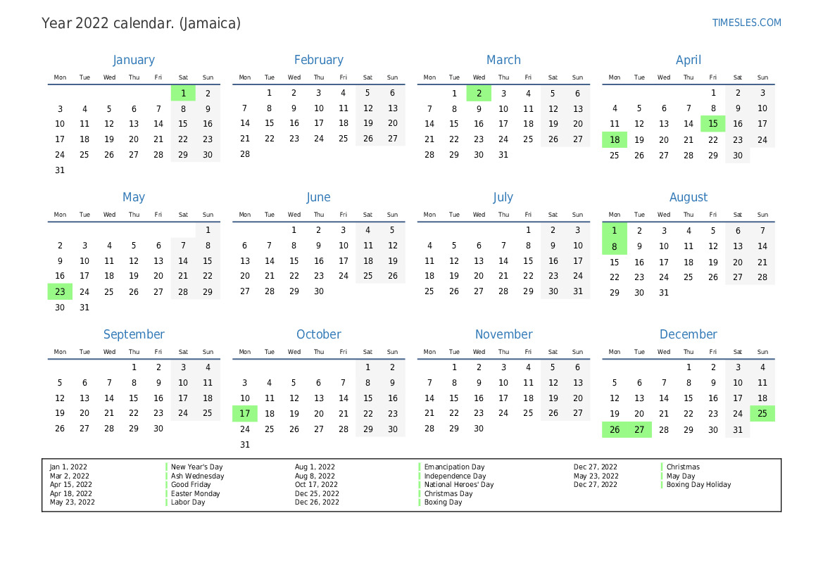 Calendar for 2022 with holidays in Jamaica | Print and download calendar