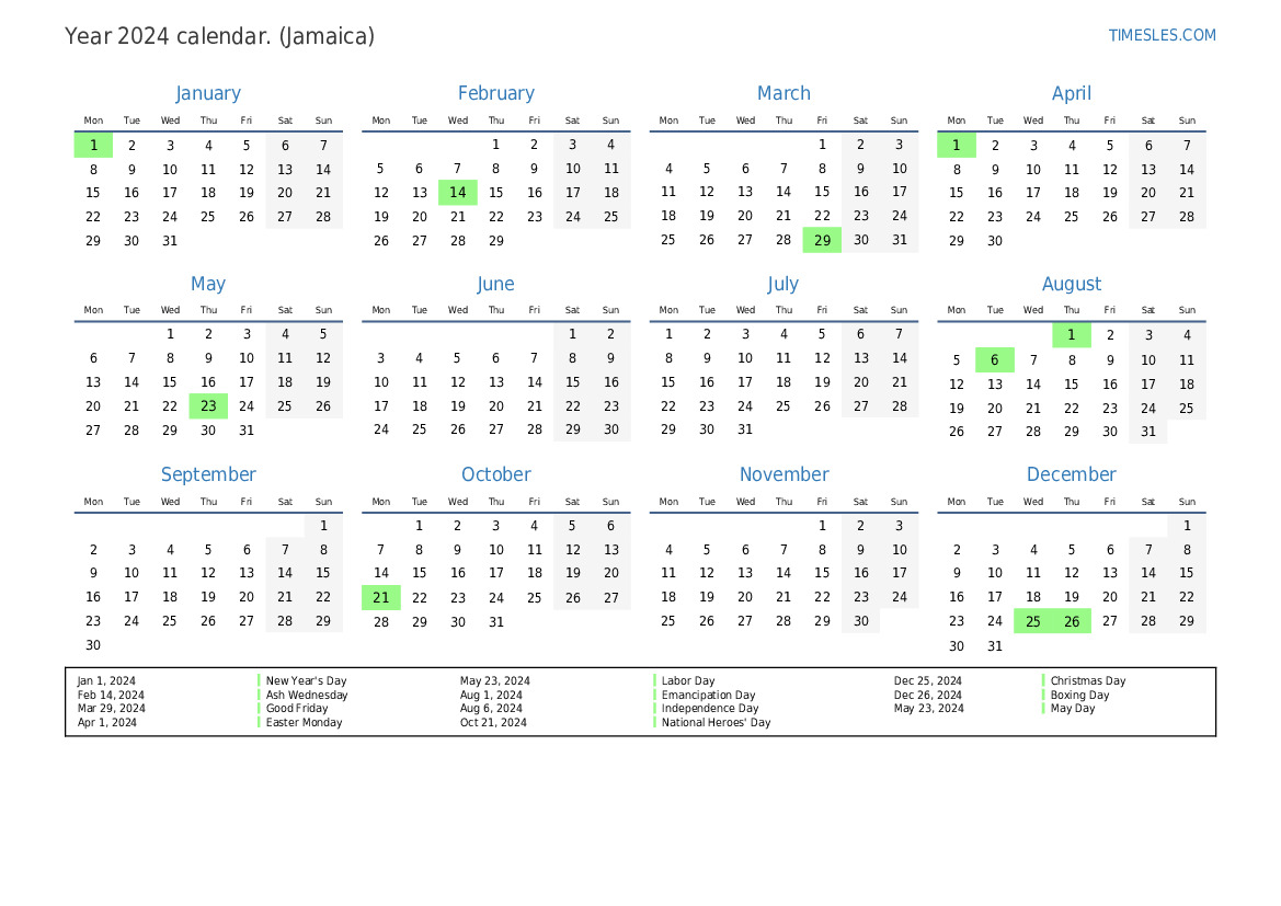 Calendar for 2024 with holidays in Jamaica Print and download calendar