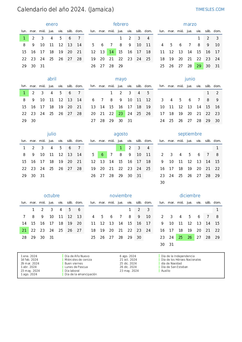 Calendario 2024 con días festivos en jamaica Imprimir y descargar