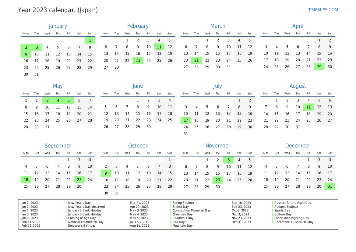 Calendar for 2023 with holidays in Japan | Print and download calendar