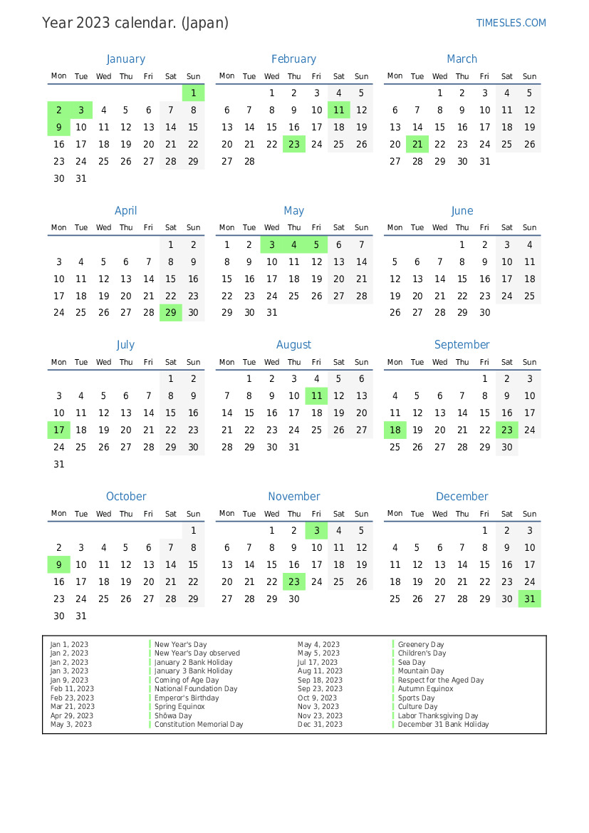 Calendar for 2023 with holidays in Japan Print and download calendar
