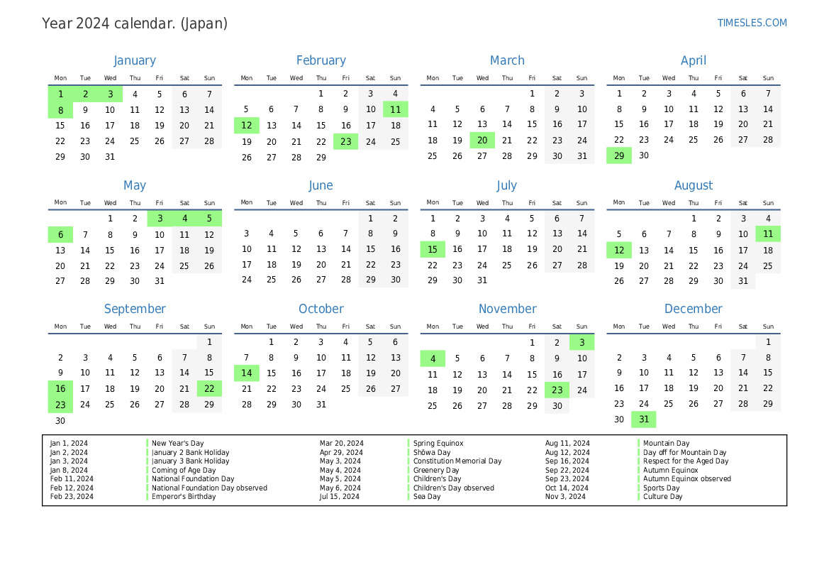 Calendar for 2024 with holidays in Japan | Print and download calendar