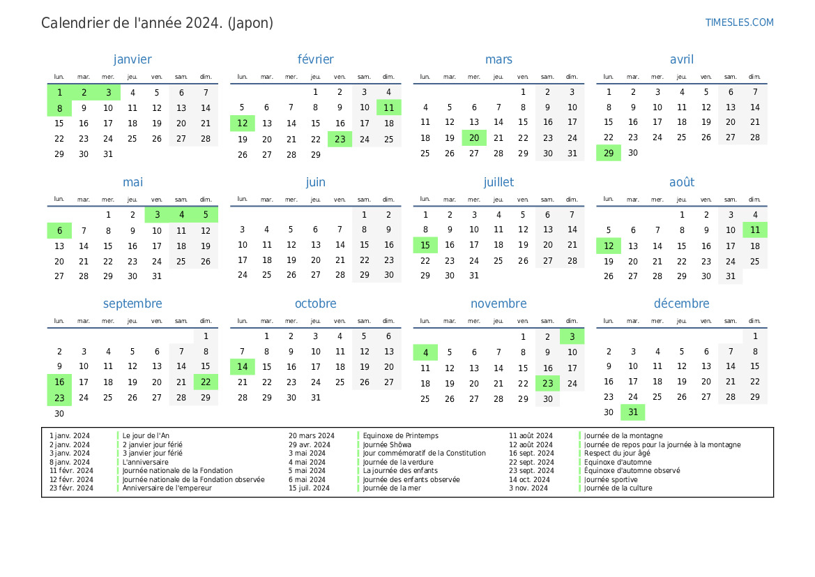 Calendrier 2024 avec jours fériés au Japon Imprimer et télécharger le calendrier