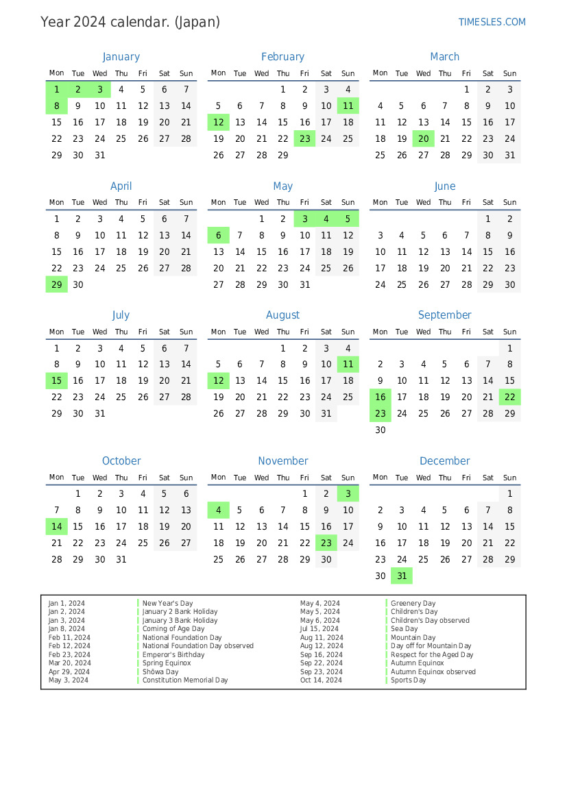 Calendar for 2024 with holidays in Japan Print and download calendar