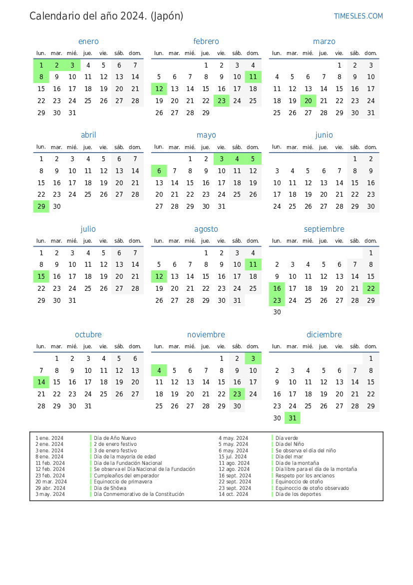 Calendario 2024 con días festivos en Japón Imprimir y descargar