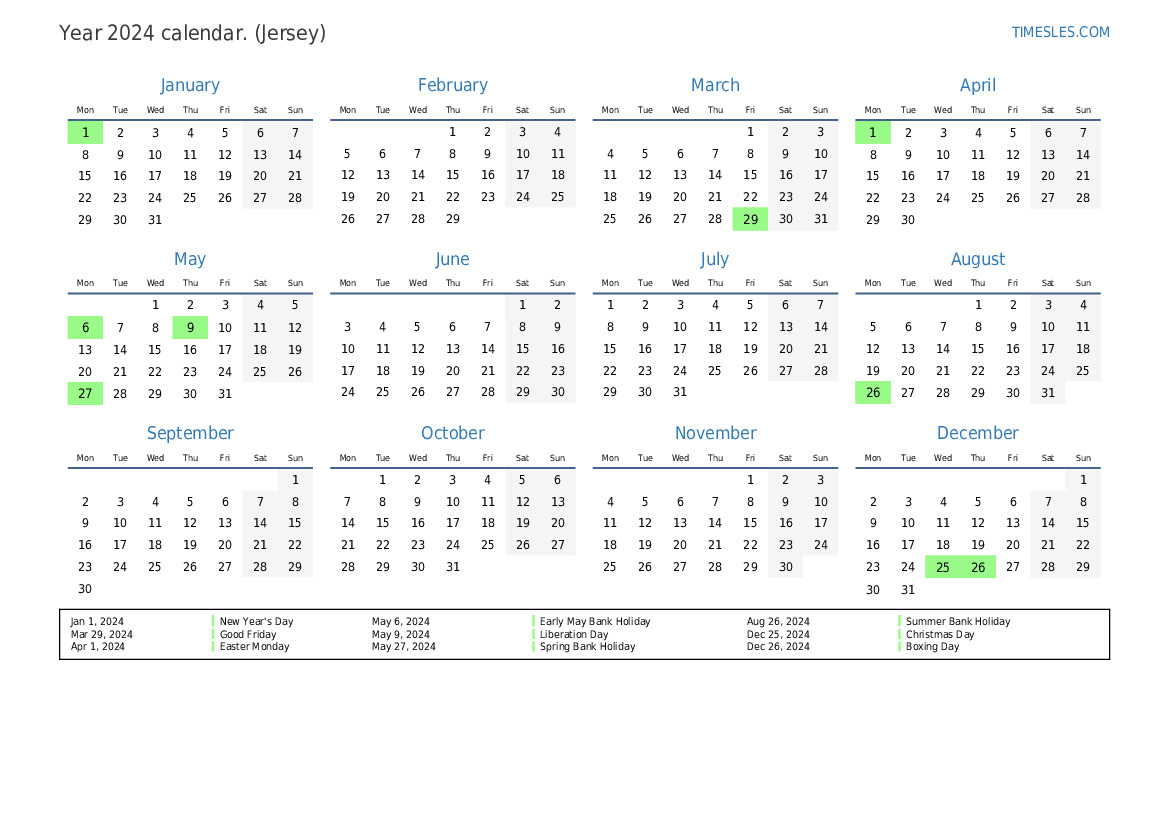 Calendar for 2024 with holidays in Jersey Print and download calendar