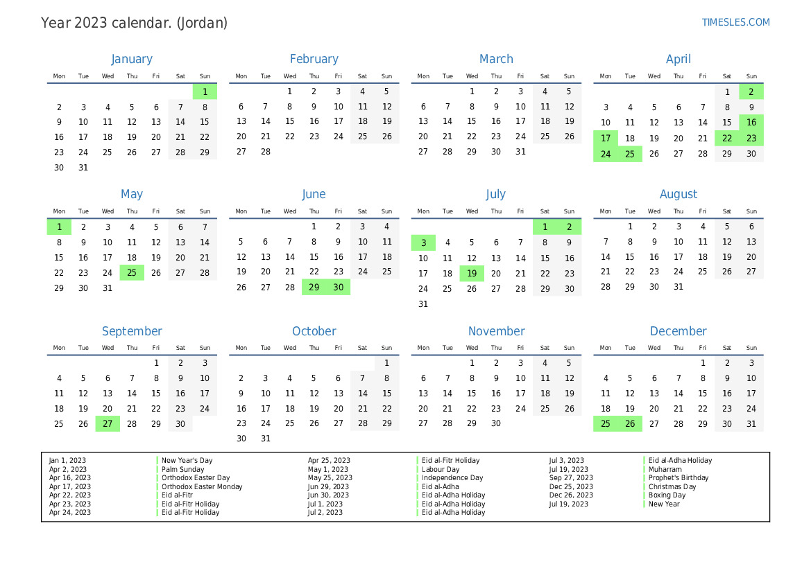 Calendar for 2023 with holidays in Jordan Print and download calendar