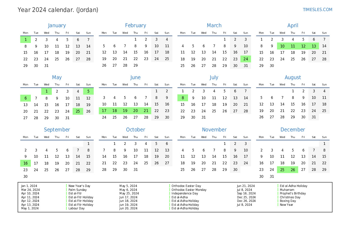 Calendar for 2024 with holidays in Jordan Print and download calendar