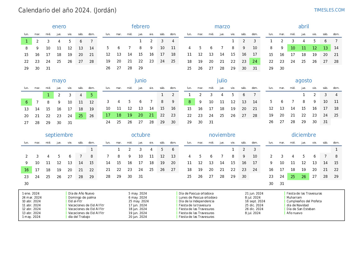 Calendario 2025 con días festivos en Jordania Imprimir y descargar