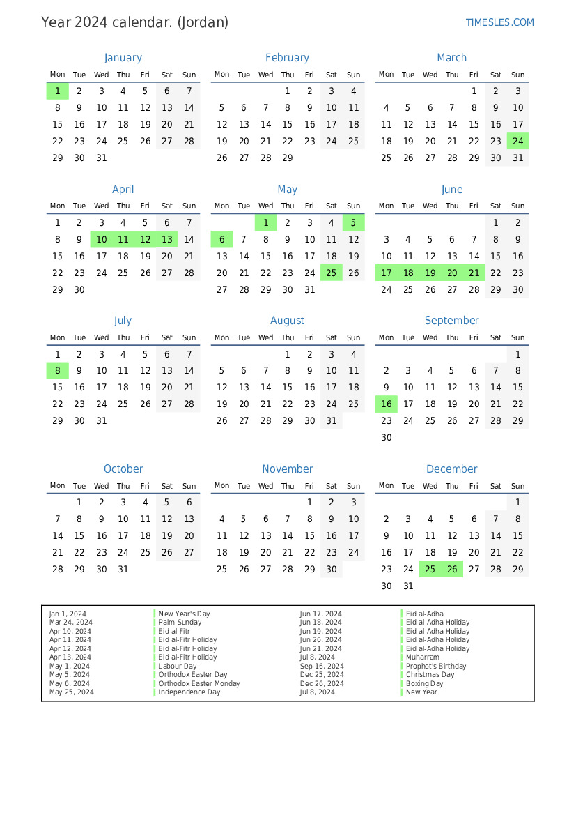 Calendar for 2024 with holidays in Jordan Print and download calendar