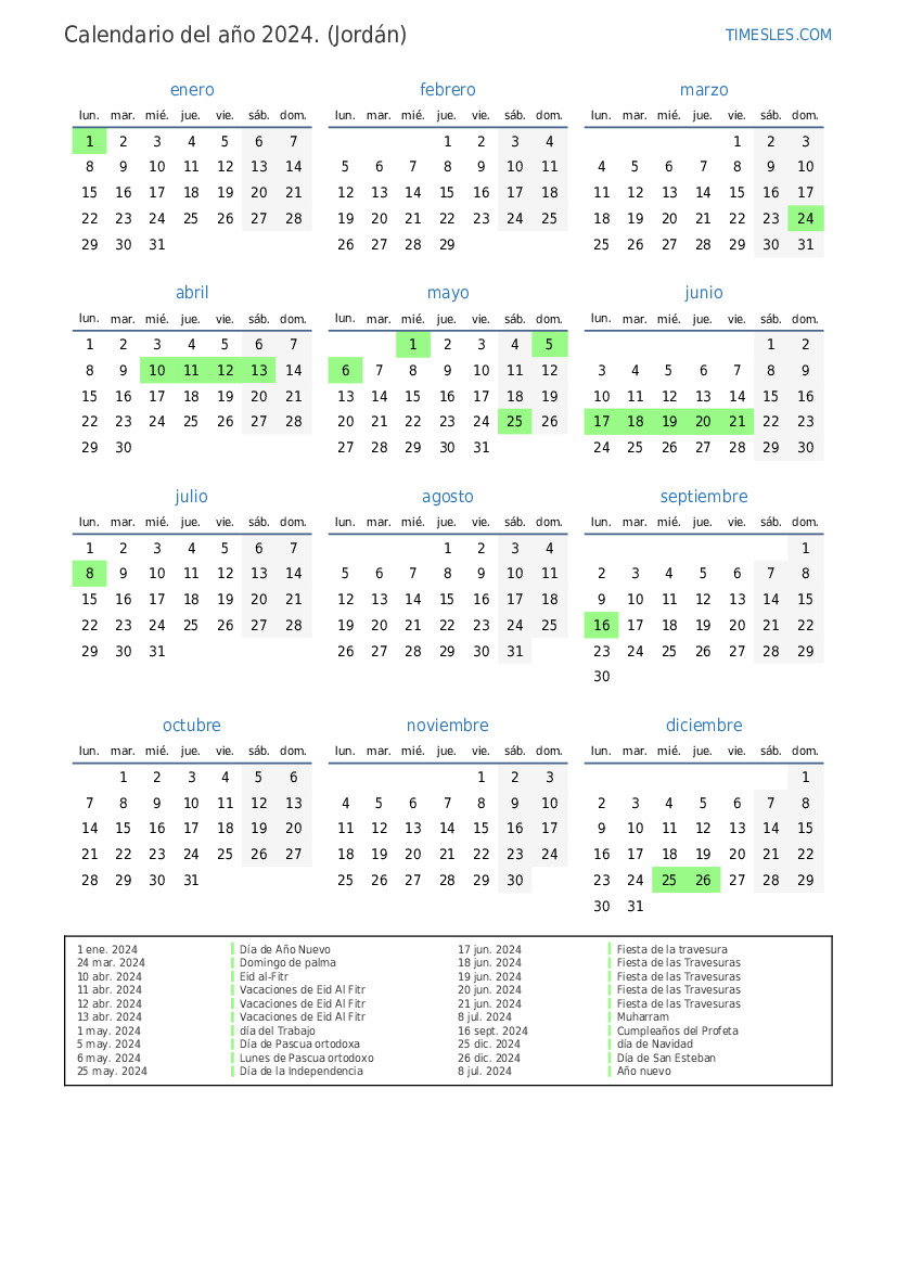 Calendario 2024 con días festivos en Jordania Imprimir y descargar