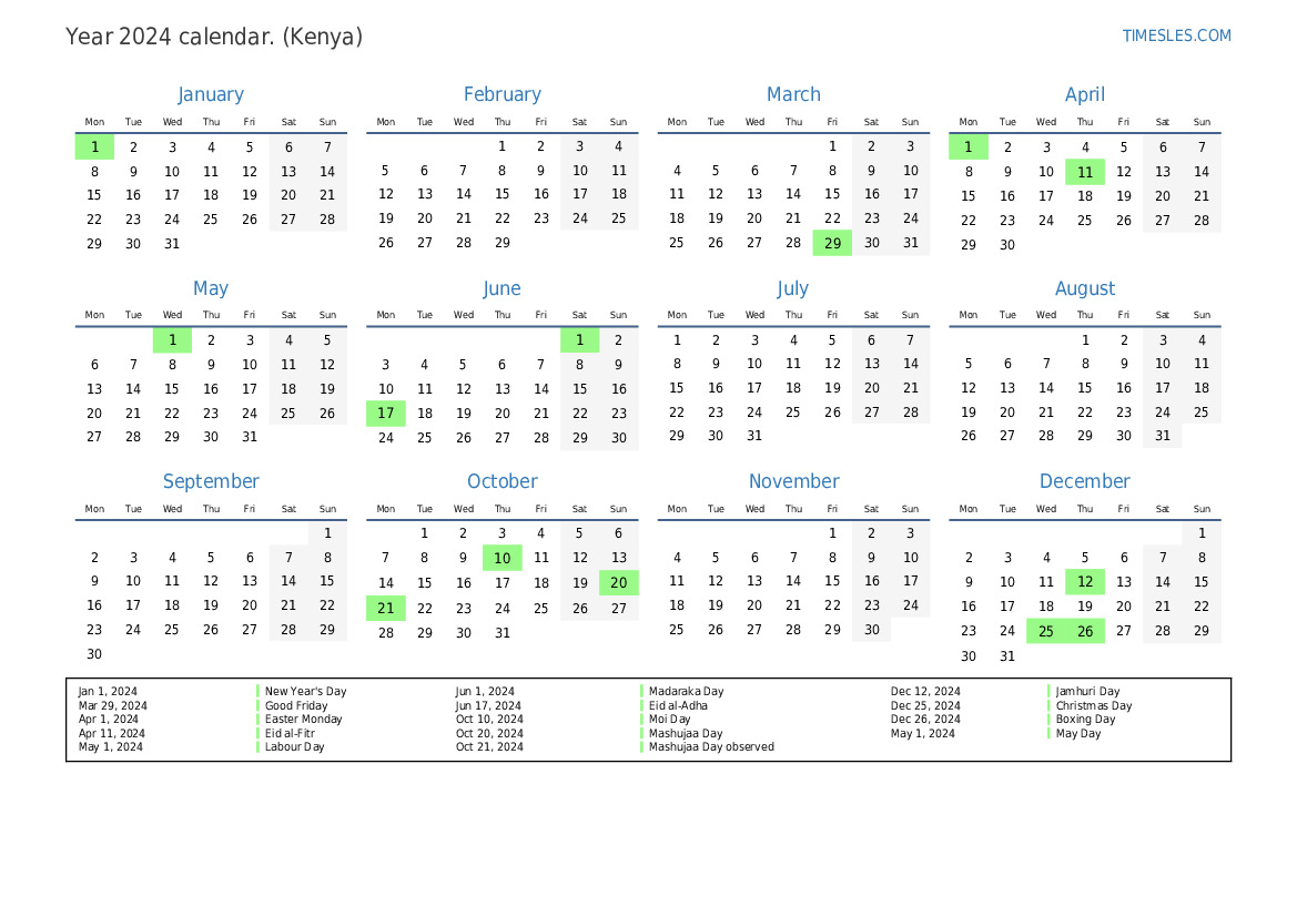 Calendar for 2024 with holidays in Kenya Print and download calendar