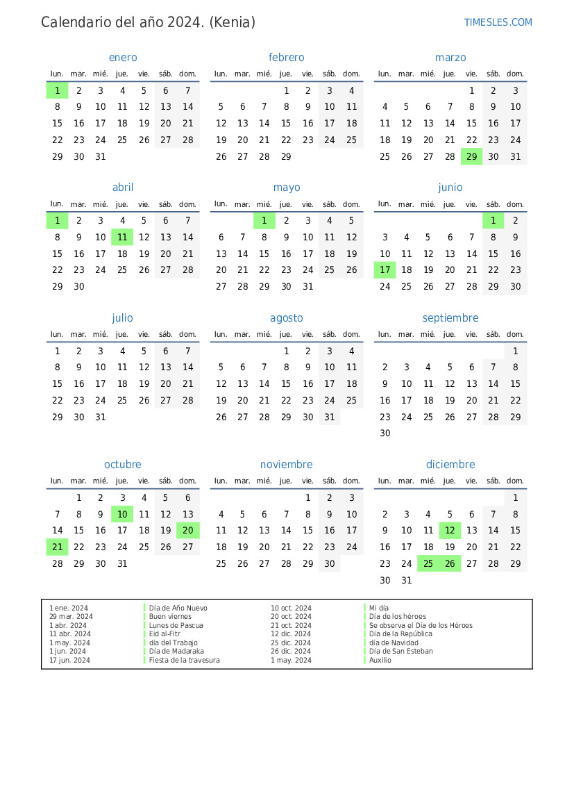 Calendario 2024 con días festivos en Kenia Imprimir y descargar