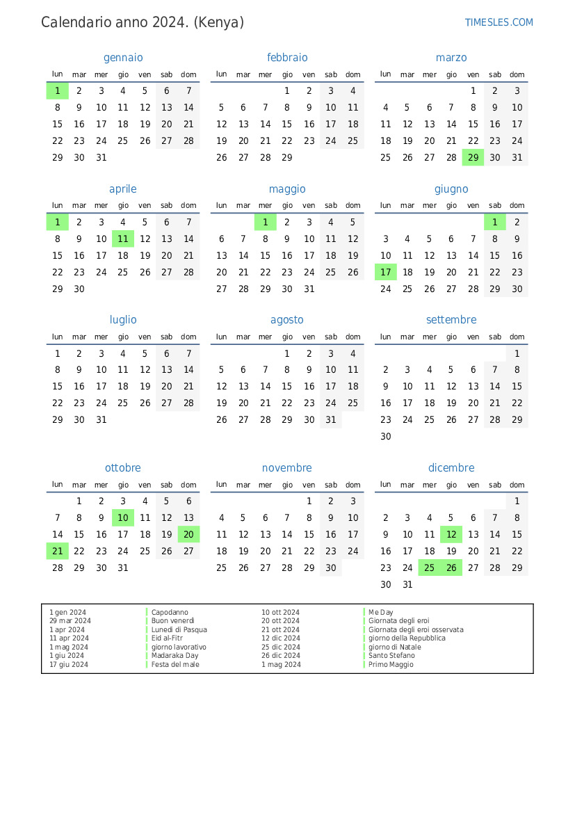 Calendario per il 2024 con giorni festivi in Kenya Stampa e scarica