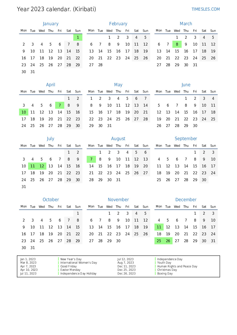 Calendar for 2023 with holidays in Kiribati | Print and download calendar