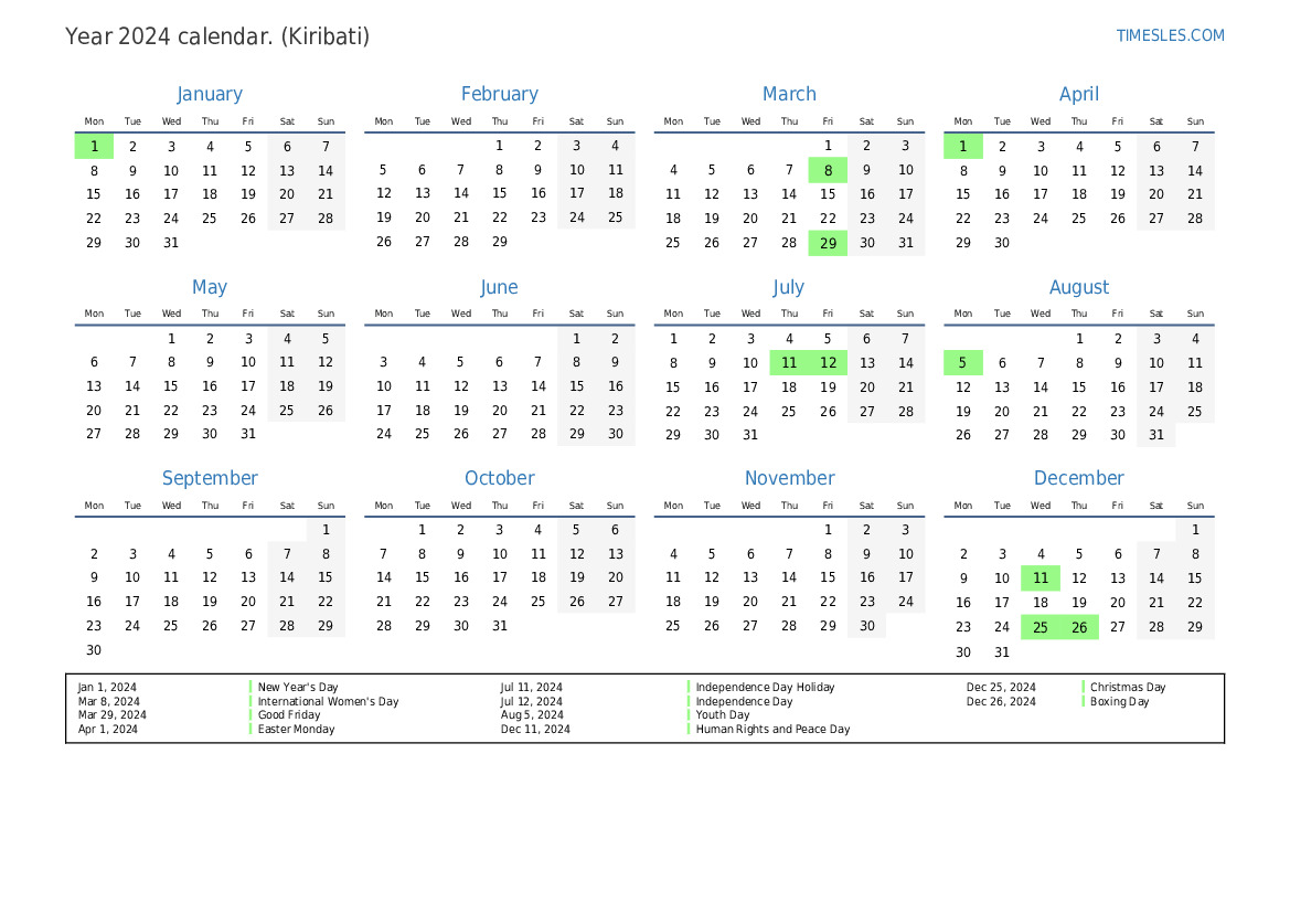 Calendar for 2024 with holidays in Kiribati Print and download calendar