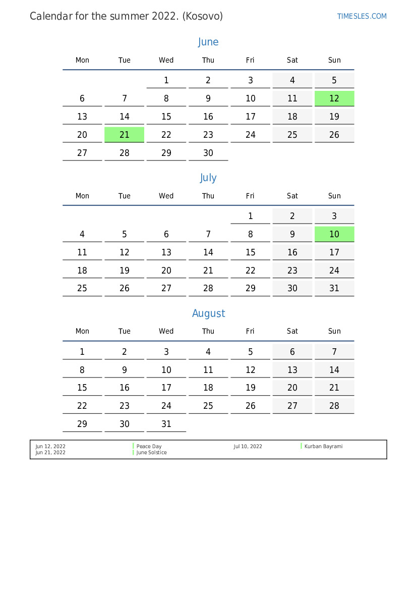 Summer 2022 Calendar Summer 2022 Calendar With Holidays For Kosovo | Print And Download Calendar