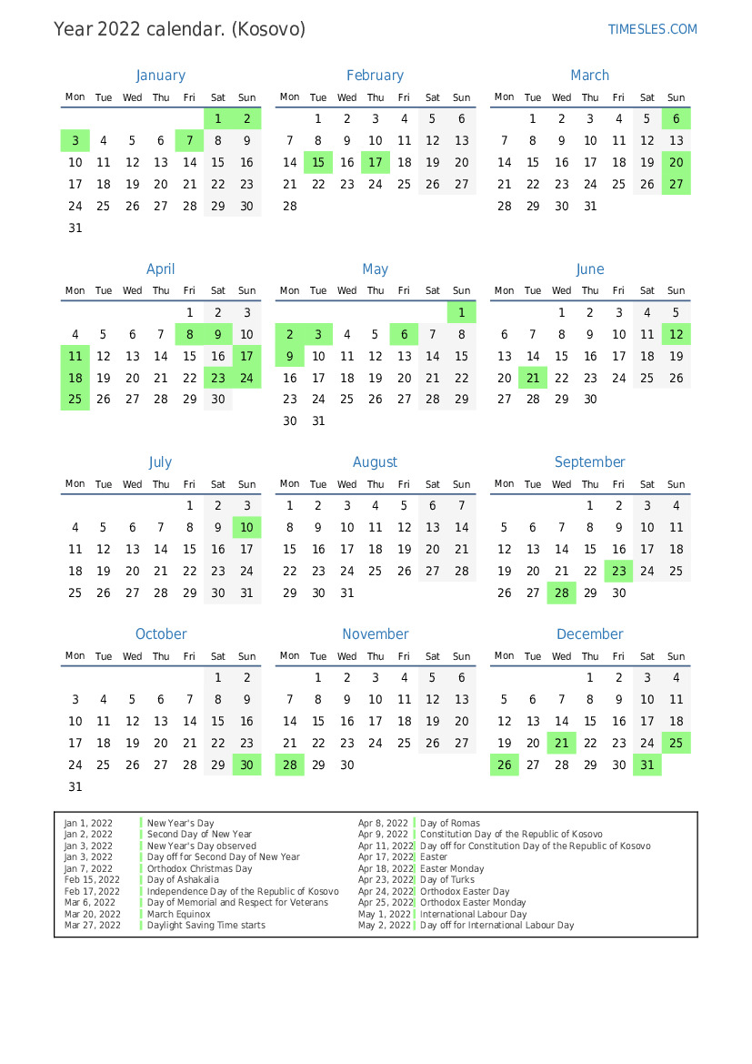 Calendar For 2022 With Holidays In Kosovo Print And Download Calendar