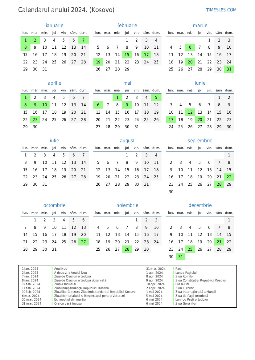 Calendar pentru anul 2024 cu sărbători în Kosovo Imprimați și descărcați calendarul