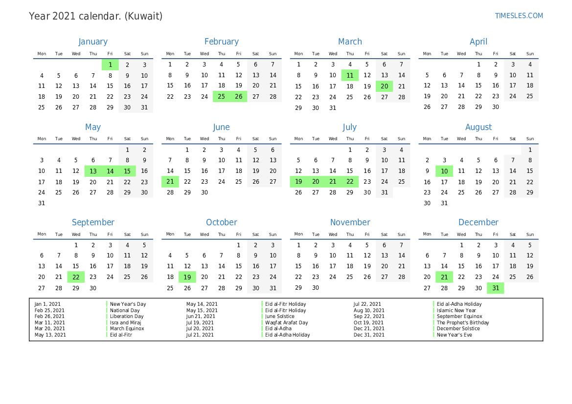 Calendar For 2021 With Holidays In Kuwait 