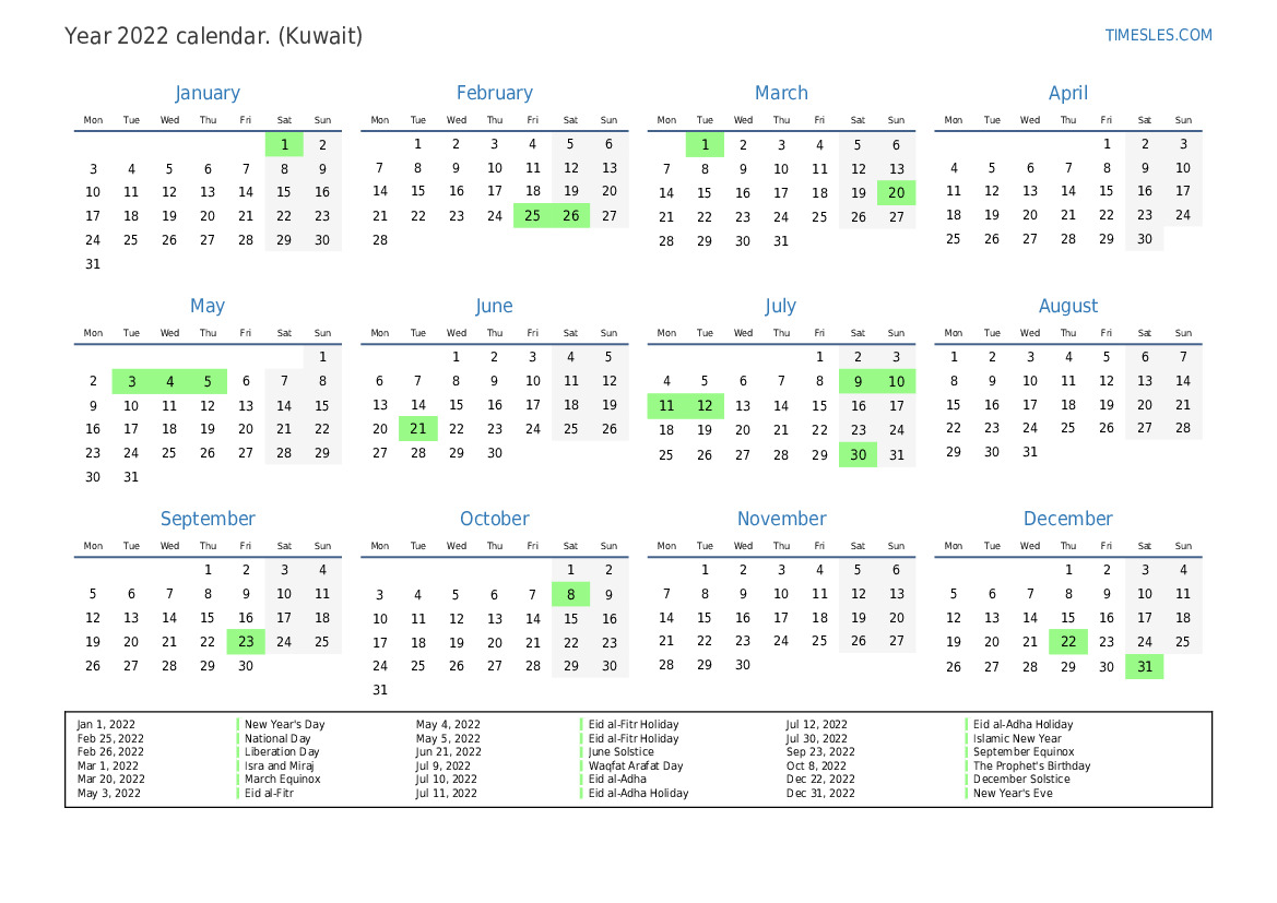 Calendar for 2022 with holidays in Kuwait Print and download calendar
