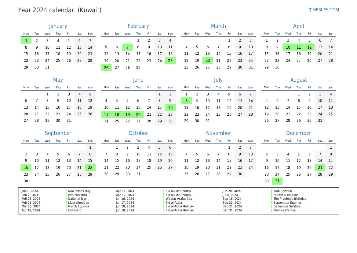 Calendar for 2024 with holidays in Kuwait Print and download calendar