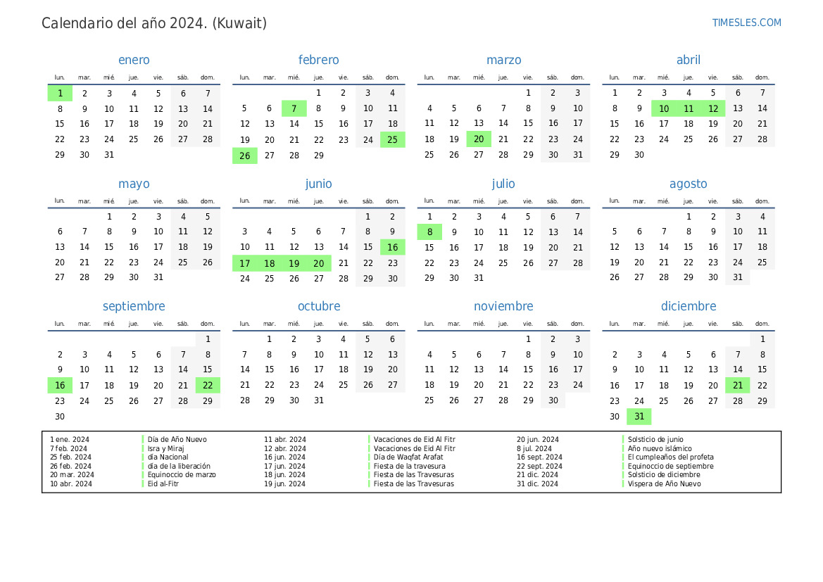 Calendario 2024 con días festivos en Kuwait Imprimir y descargar