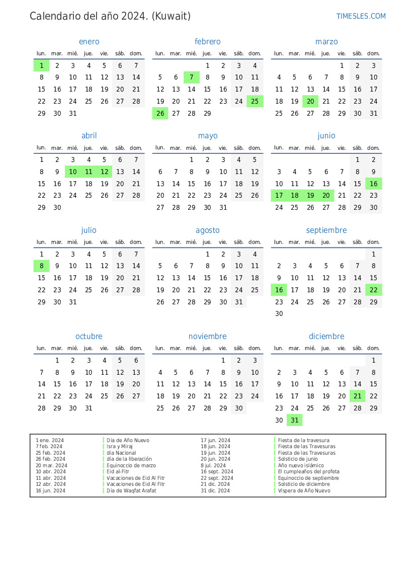 Calendario 2024 con días festivos en Kuwait Imprimir y descargar