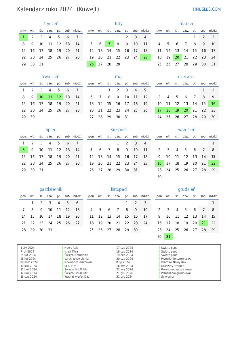 Kalendarz na 2024 rok z wakacjami w Kuwejcie Wydrukuj i pobierz kalendarz