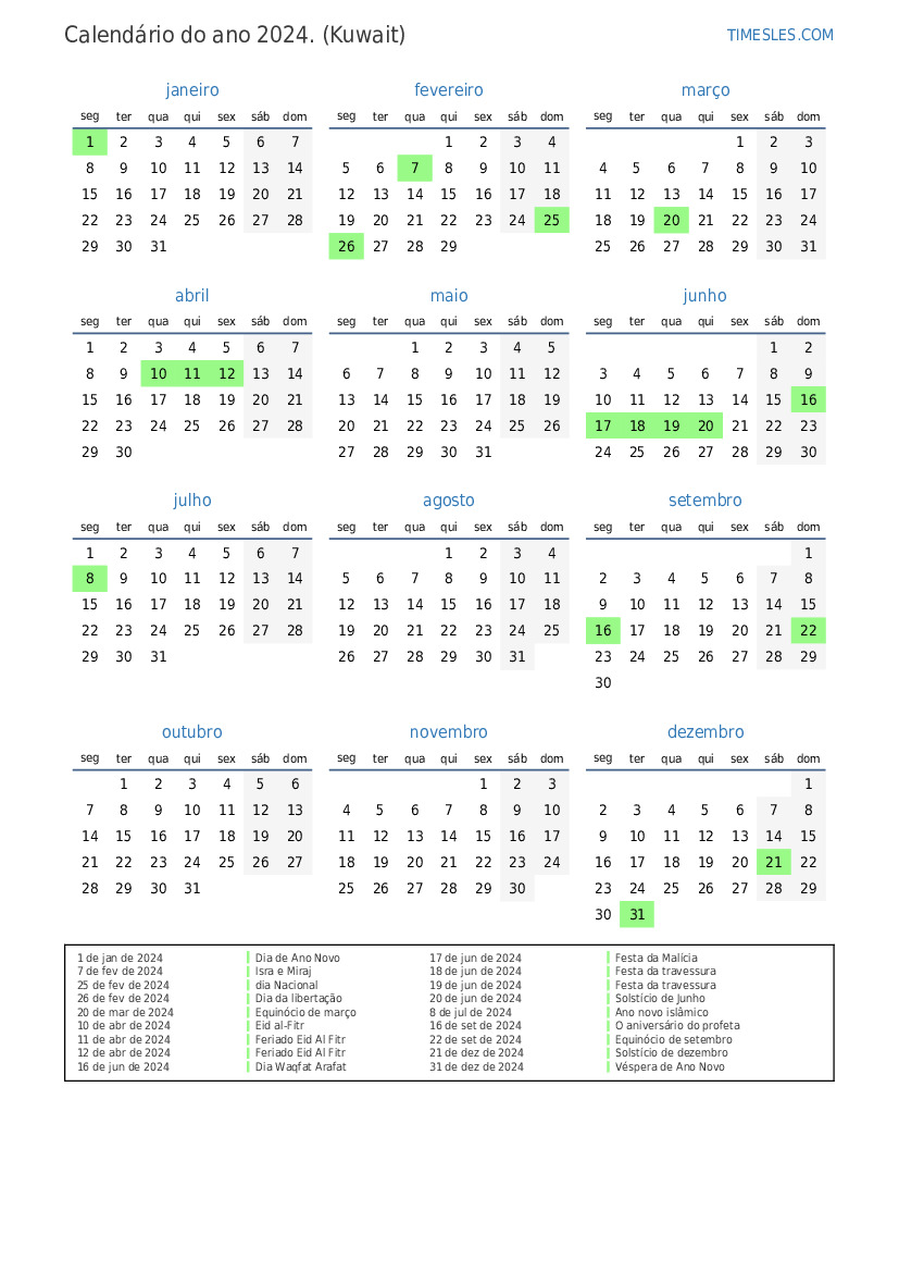 Calendário 2024 com feriados no Kuwait Imprimir e baixar calendário