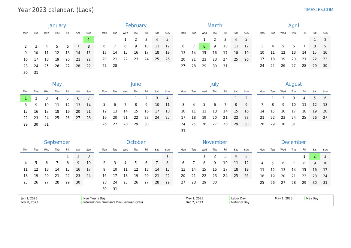 Calendar for 2023 with holidays in Laos Print and download calendar