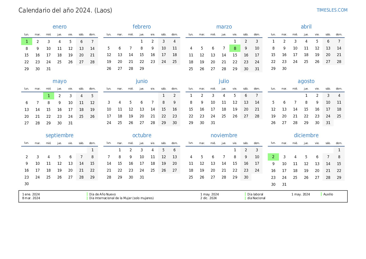 Calendario 2024 con días festivos en Laos Imprimir y descargar calendario