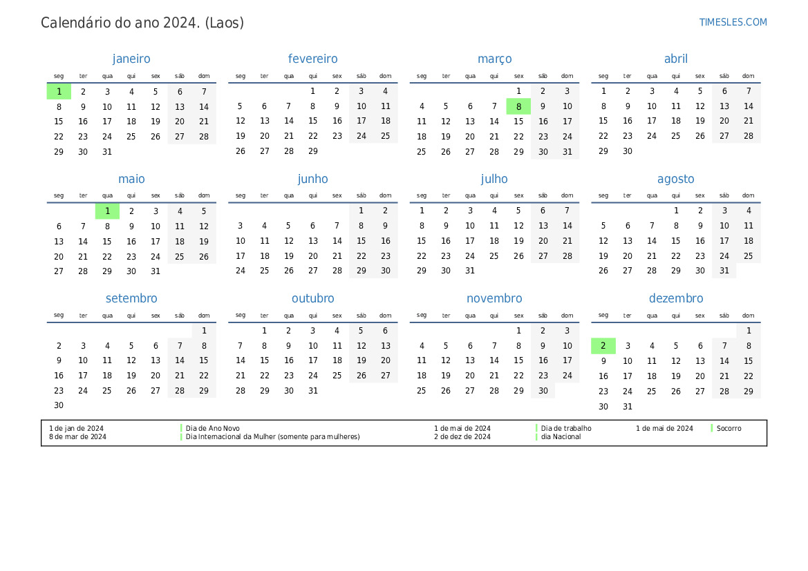 Calendário 2024 com feriados no Laos Imprimir e baixar calendário