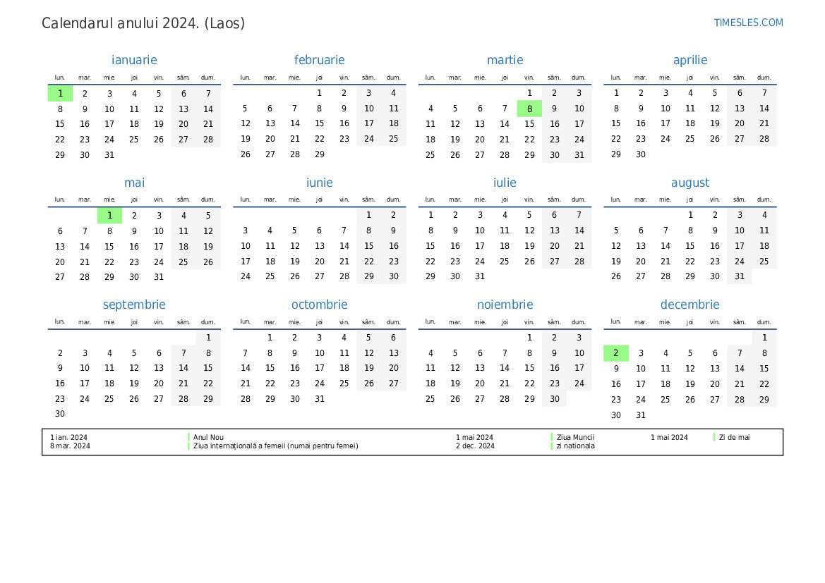 Calendar pentru anul 2024 cu sărbători în Laos Imprimați și