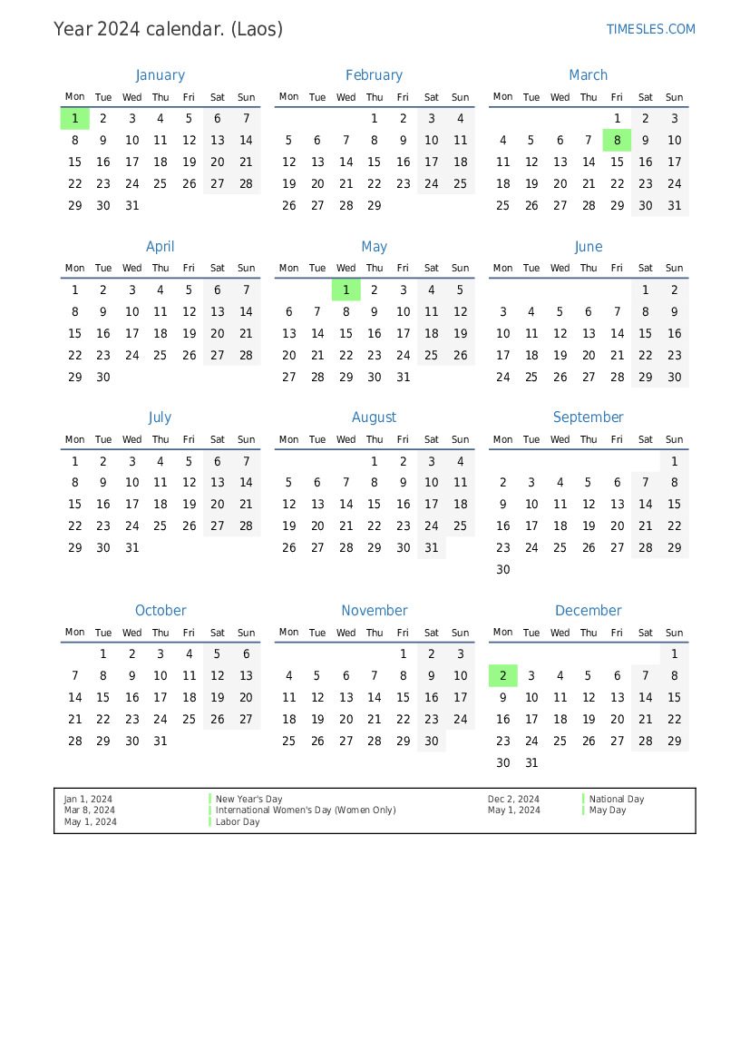 Calendar for 2024 with holidays in Laos Print and download calendar