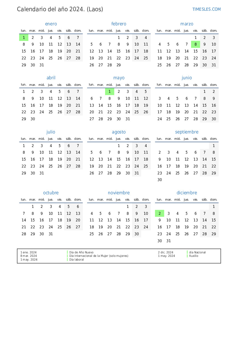 Calendario 2024 con días festivos en Laos Imprimir y descargar calendario