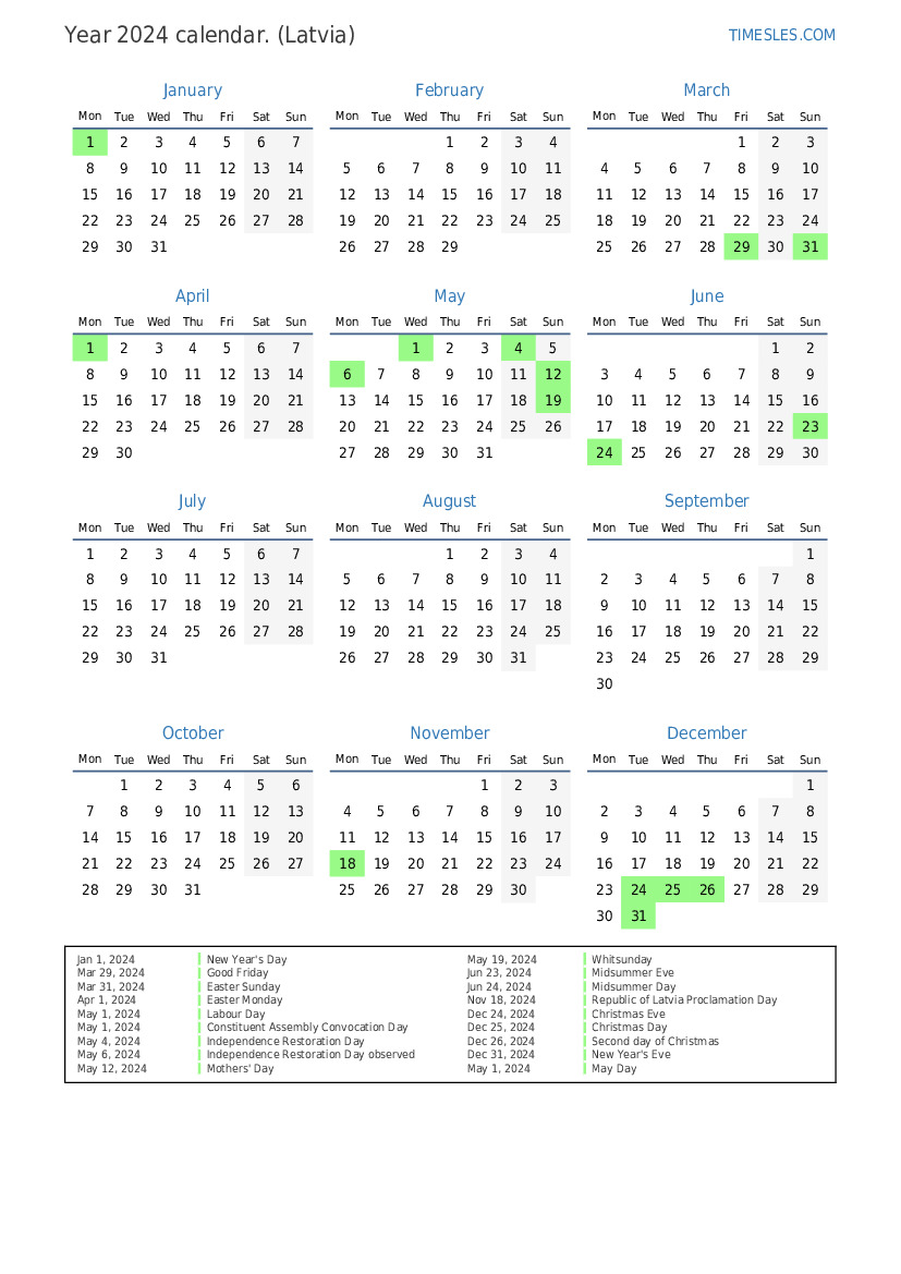 Calendar for 2024 with holidays in Latvia Print and download calendar