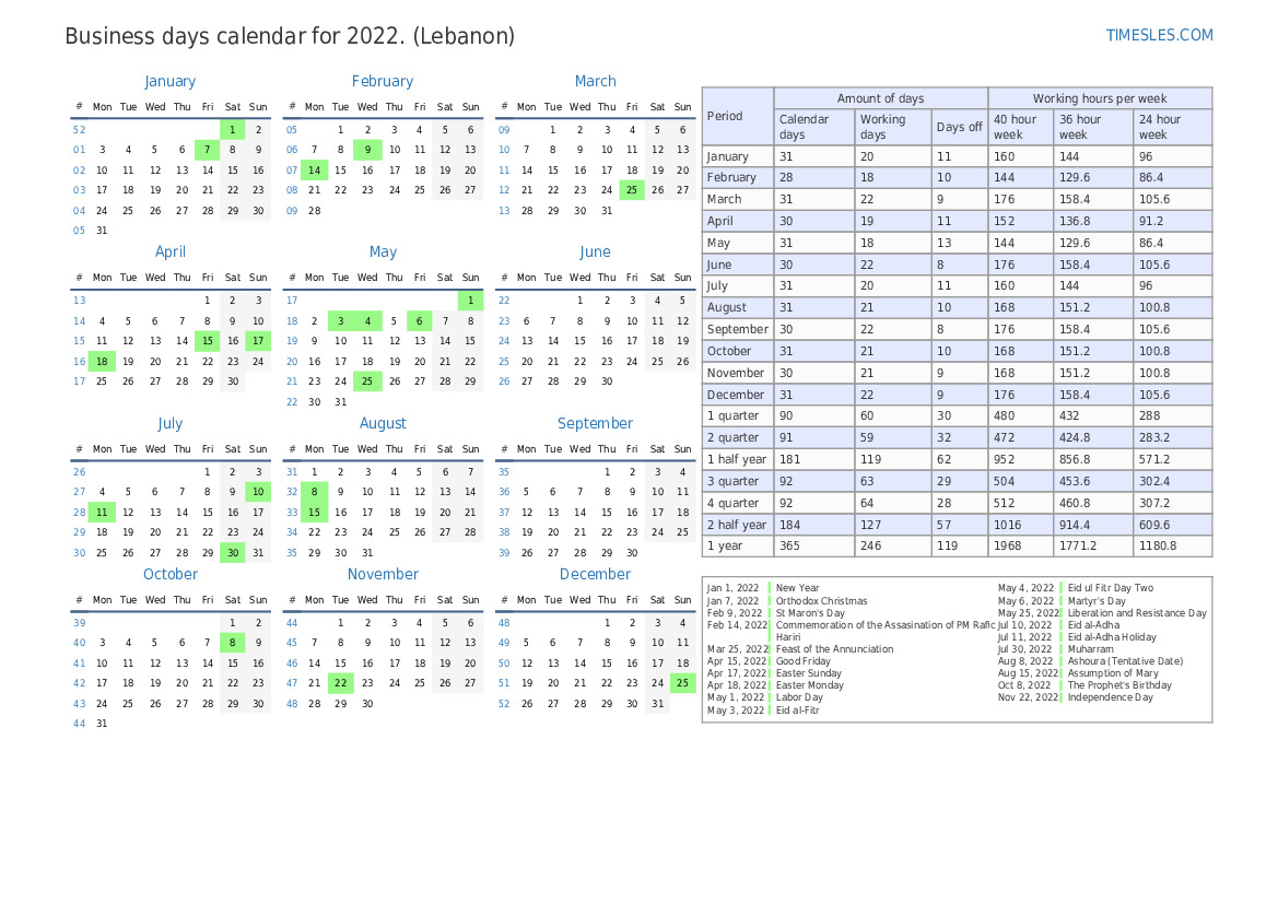 Working Days Calendar 2022 Business Days Calendar For July 2022 With Holidays In Lebanon | Print And  Download Calendar