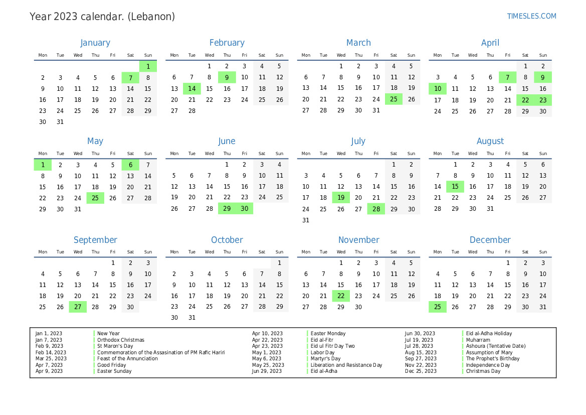 Calendar for 2023 with holidays in Lebanon | Print and download calendar