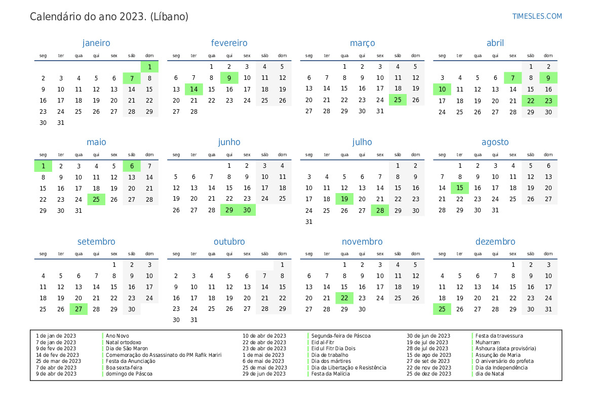 Calendário 2023 com feriados no libano Imprimir e baixar calendário