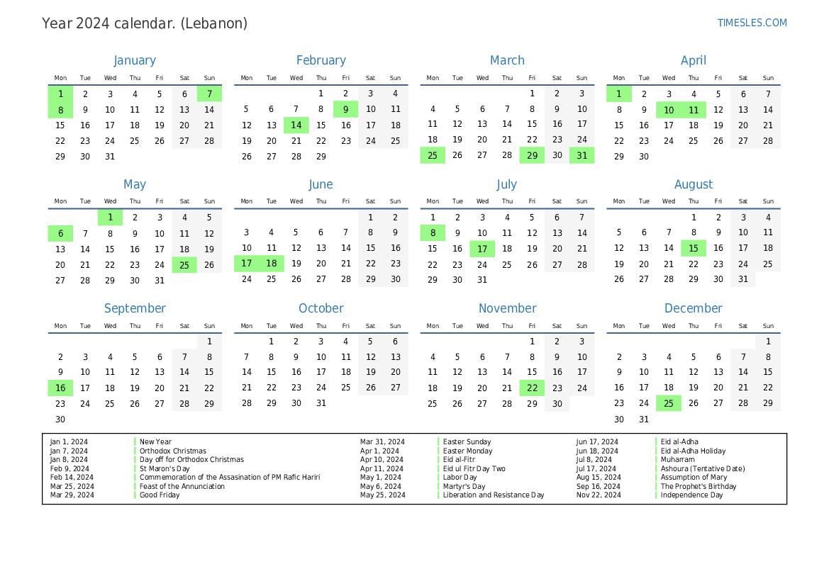 Calendar for 2024 with holidays in Lebanon Print and download calendar