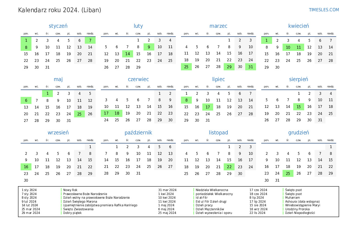 Kalendarz na 2024 rok z wakacjami w Libanie Wydrukuj i pobierz kalendarz