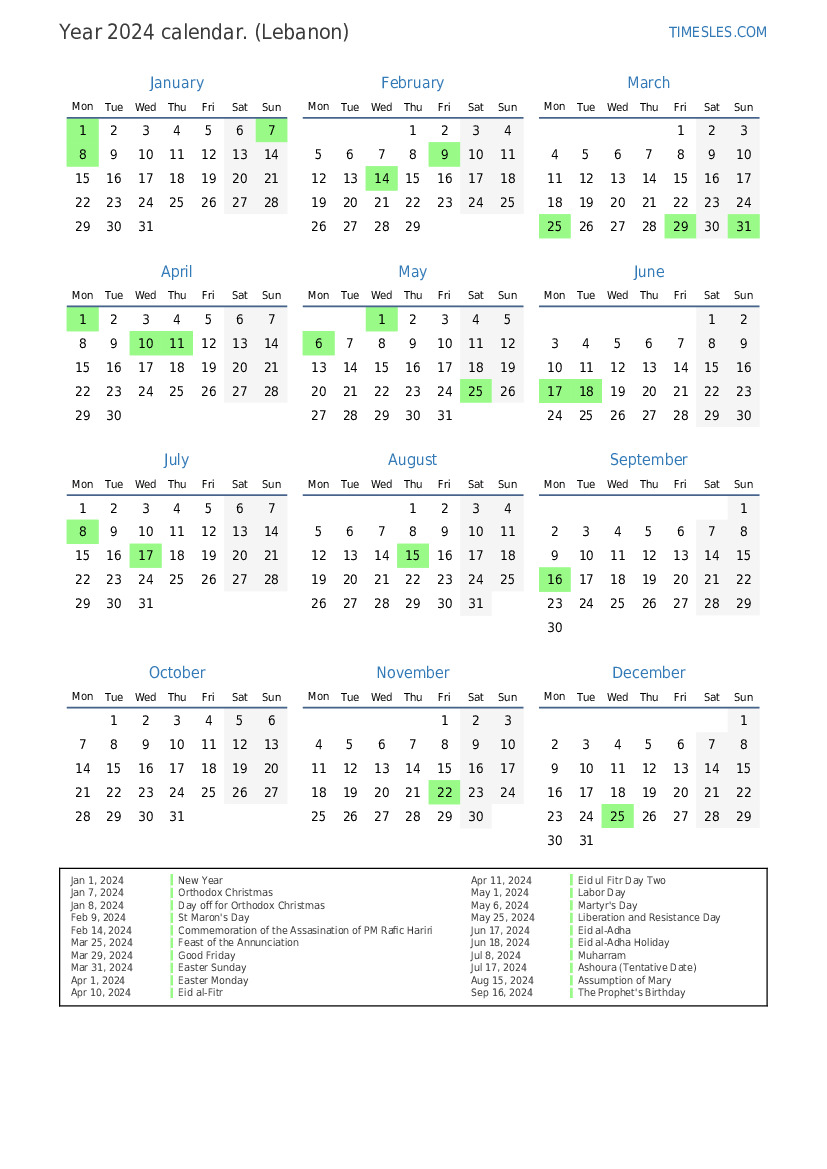 Calendar for 2024 with holidays in Lebanon Print and download calendar