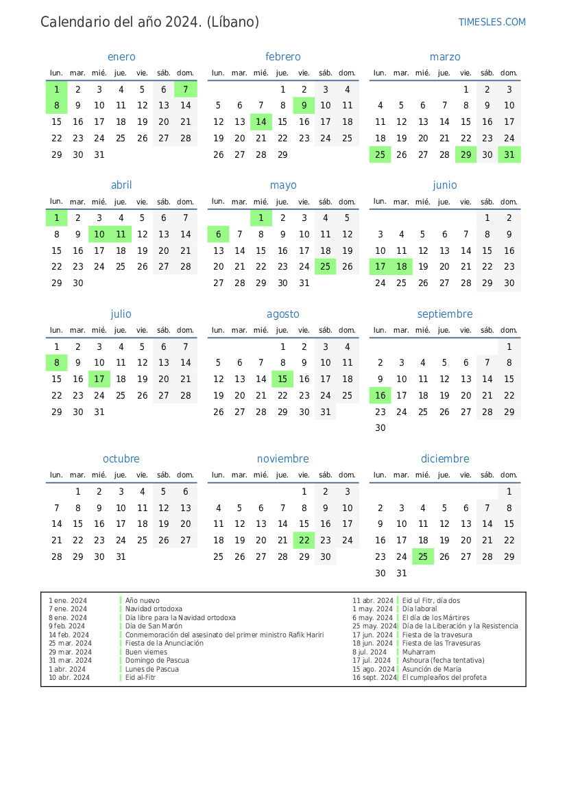 Calendario 2024 con días festivos en Líbano Imprimir y descargar