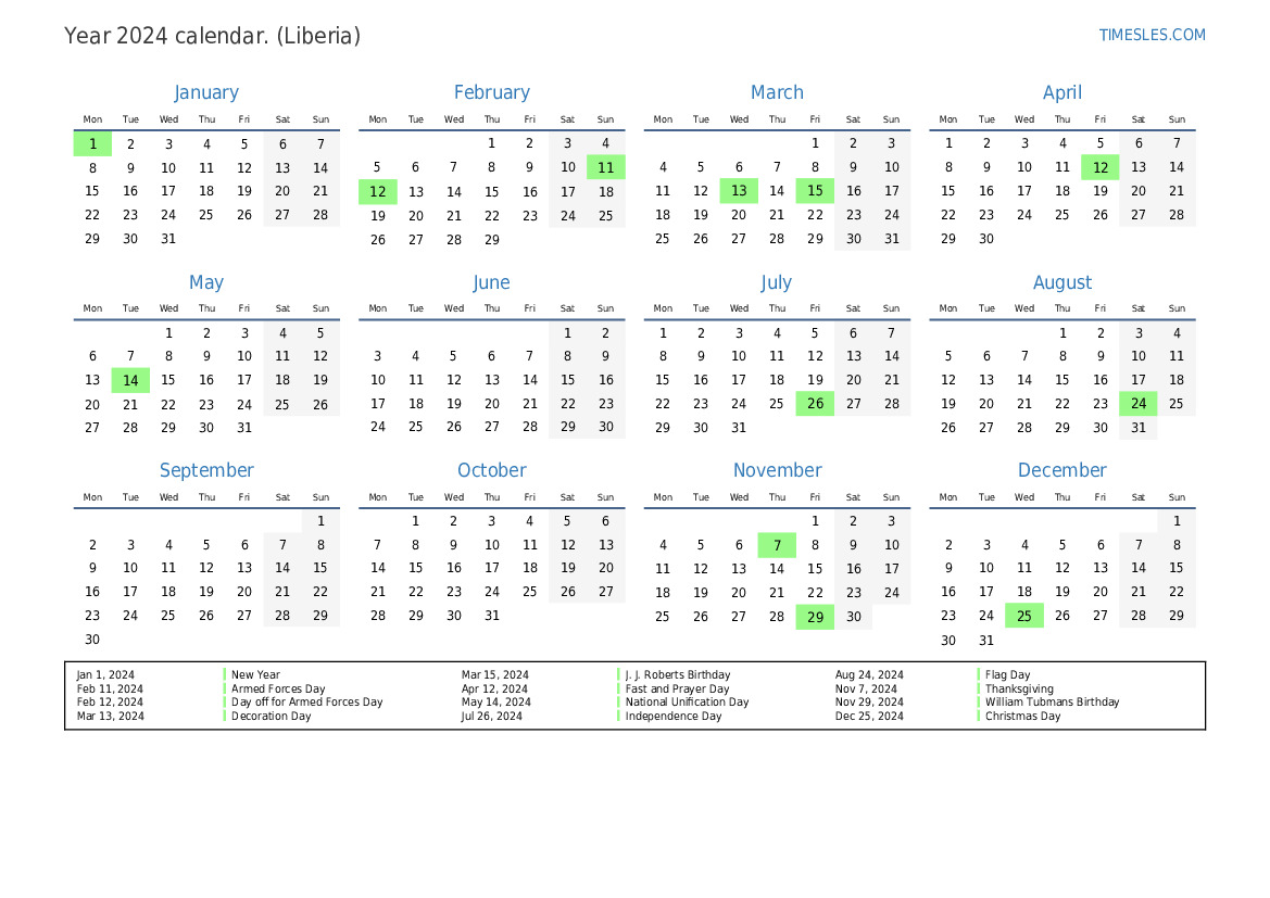 Calendar for 2024 with holidays in Liberia Print and download calendar
